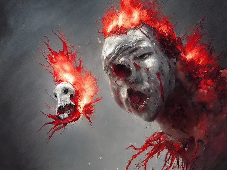 Image similar to painting by greg rutkowski of a flying human head with tears running down it's face face that is chalk white in color, with tentacles coming of the neck, fiery scorching red eyes, flying in a terrying hell like cavernous place