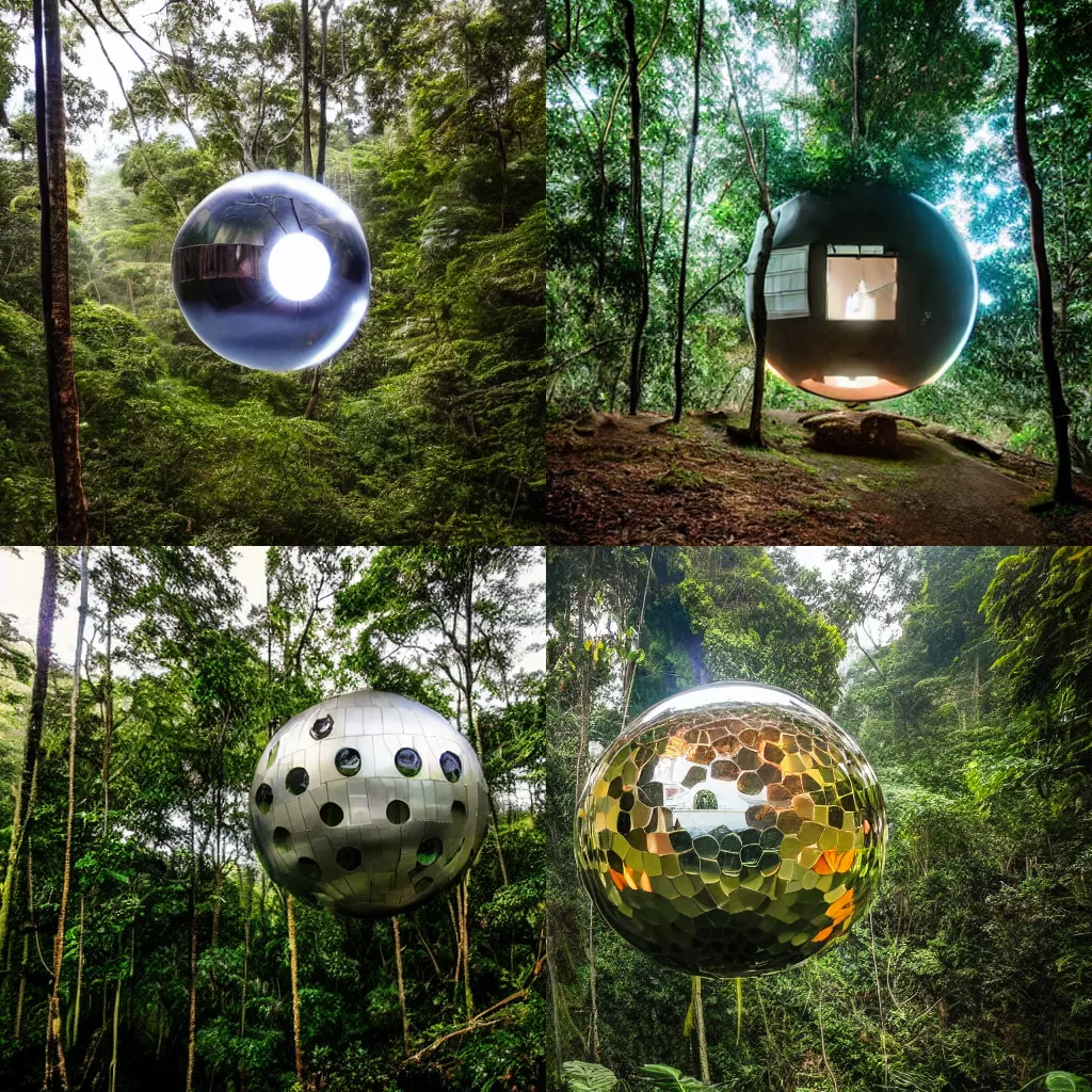 Prompt: discoball house suspended mir air cinematic lightning dramatic in the middle of a forest in costa rica