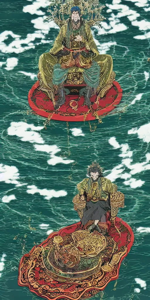 Image similar to a lone emperor sitting on a emerald throne floating on water in the middle of a lake drawn by Makoto Yukimura in the style of Vinland saga anime, full color, detailed, psychedelic, Authority, structure, a father figure, tarot card, The emperor tarot card