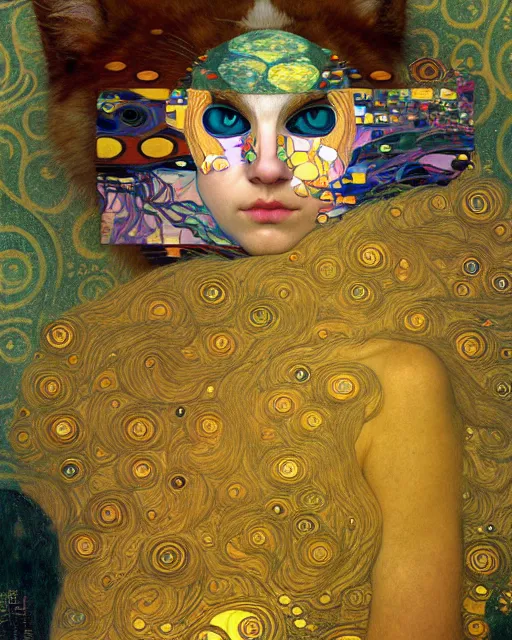 Image similar to burglar cat portrait an oil painting splashes with many colors and shapes by gustav klimt greg rutkowski and alphonse mucha, polycount, generative art, psychedelic, fractalism, glitch art