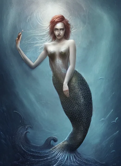 Prompt: a elegant mermaid portrait by seb mckinnon and wlop, artgerm, ultra realistic, underwater, mystical, veil goldfish hair, ominous, cgsociety