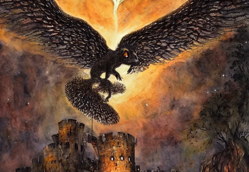 Image similar to legendary fire winged possum flying over a medieval forest castle at night under the dark starred sky, dark fantasy, watercolor, dreaming illusion, highly detailed, 4k, trending on Artstation