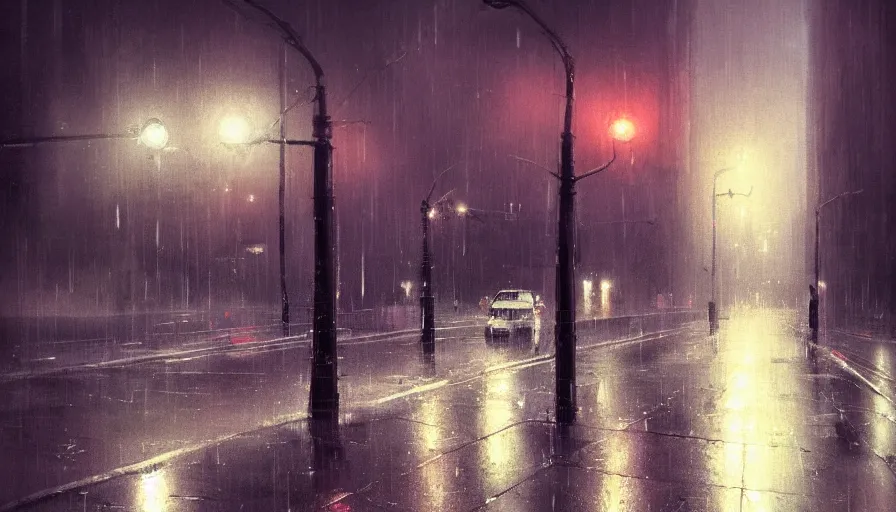 Image similar to empty street, at night, rain, by wlop