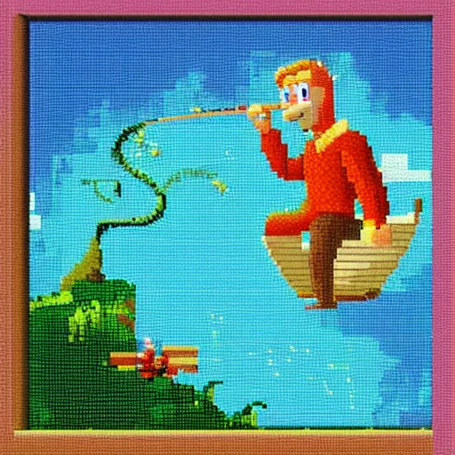 Image similar to 2 5 6 px by 2 5 6 px. expensive pixel work, masterpiece with dithering in the right places, pixel art shrek fishing on a sailboat