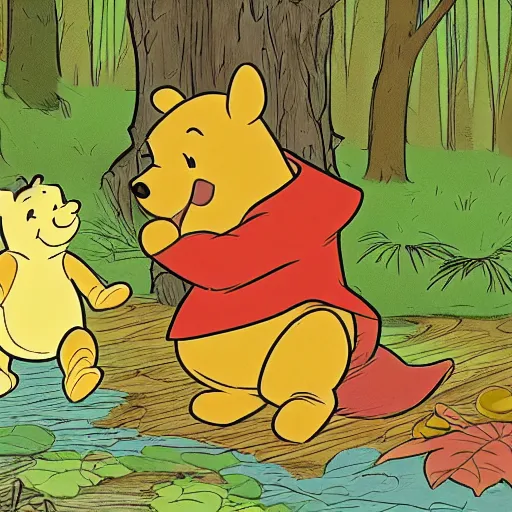 Prompt: winnie the pooh cartoon about eeyore being an incel and getting rejected by the little squirrel girls in the forest high detail accurate eyes
