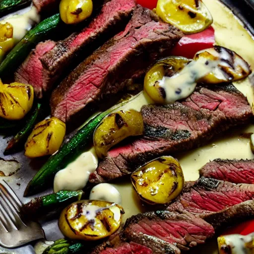 Prompt: delicious 3 2 mm zoomed in adversities photography of a large seared and smoked and seasoned steak well done, with a side seasoned grilled vegetables top in a creamy mozzarella cheese sauce, on a hot platter, very delicious