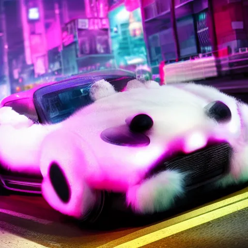 Prompt: a fluffy roadster covered with white fur and in the style of a panda, parking in the street, Cyberpunk, neon light, 4k, hd, highly detailed, full view