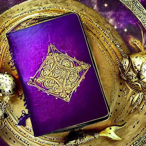 Image similar to a purple spell book with ornate filagree of imbued metal and gold sitting on top of a cloud with a space background