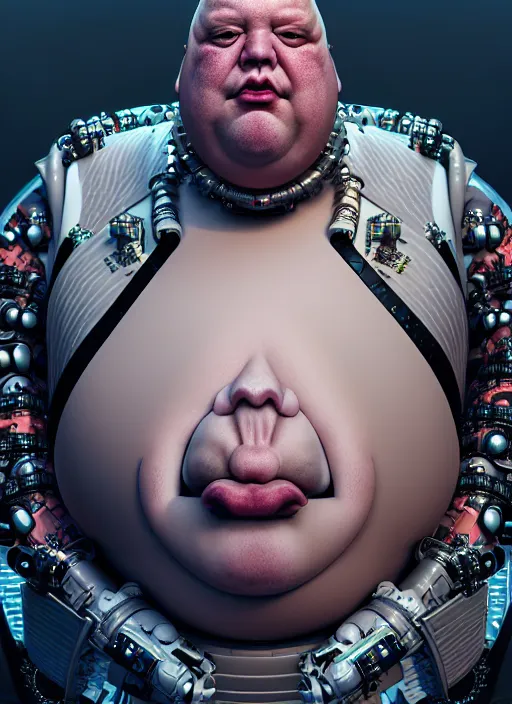 Image similar to portrait of an absurdly ugly, awful disgusting fat gross man, fashionable cyberpunk mechanoid, hong kong city background, hyperdetailed illustration by irakli nadar and alexandre ferra and alexander mc queen, intricate linework, white porcelain skin, faberge, coral headdress, unreal engine 5 highly rendered, global illumination, radiant light