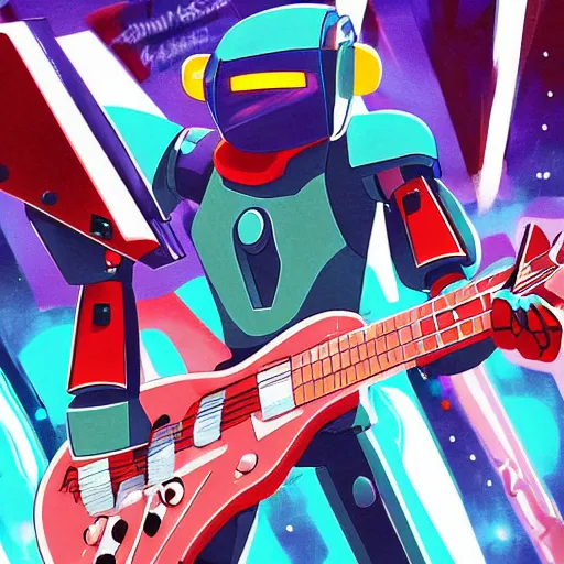 Image similar to A cell animation of a robot shredding a guitar solo in a futuristic city street, macross, gundam, ghibli style, illustration, anime, trending on artstaion