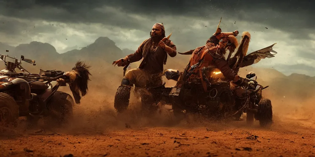 Image similar to indian on wooden native atv attacking bufallos, action scene, an epic fantasy, dramatic lighting, cinematic, establishing shot, extremely high detail, photorealistic, cinematic lighting, artstation, octane render, old photo, buffalo hunt movie, alpha movie, western