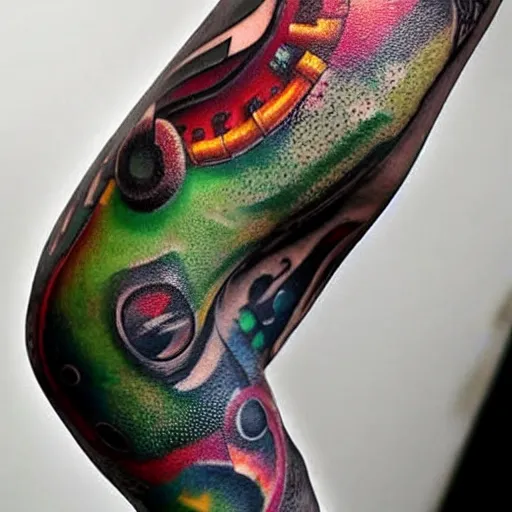 Image similar to 3 d arm tattoo of a 3 d hole in the skin with multicolored robotic mechanics and cables inside under the skin, insanely integrate,