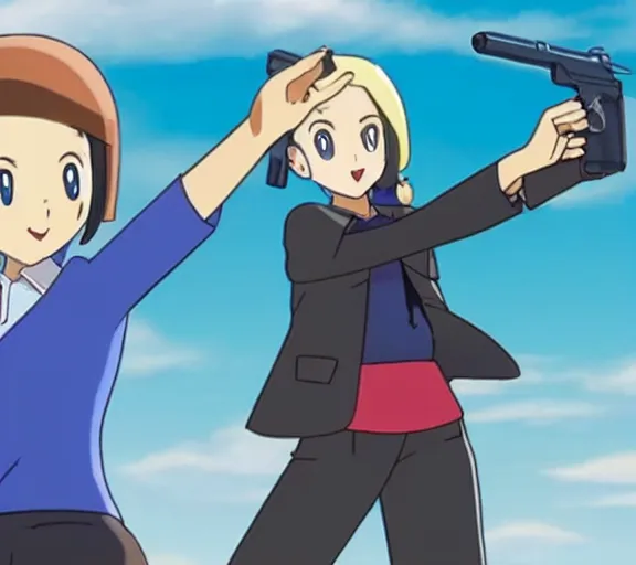 Image similar to marnie from pokemon pointing a gun at the screen