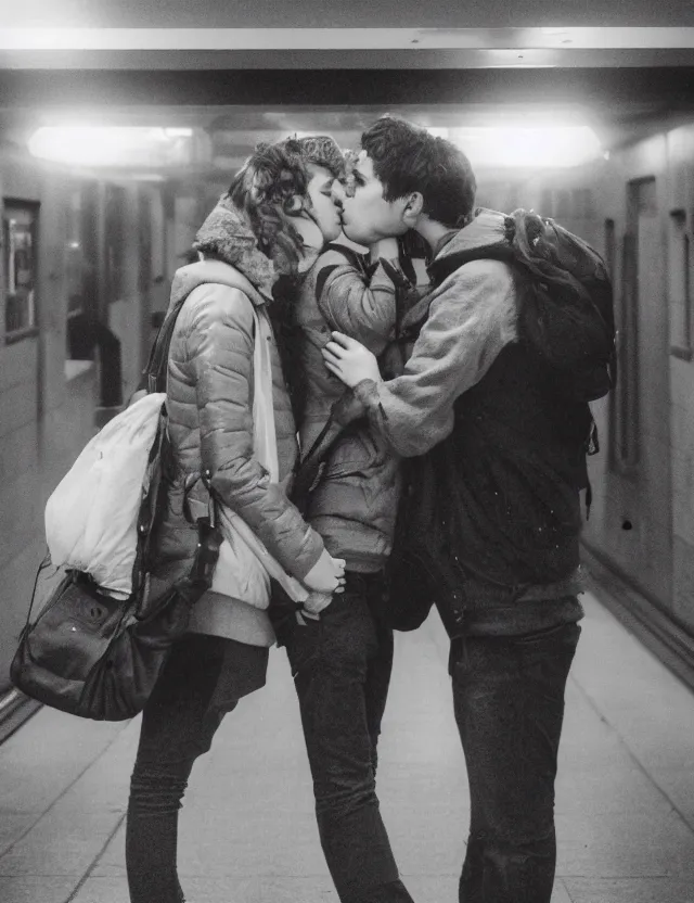 Image similar to couple of boy and girl kiss in a subway underground, radiates strong aura light, wide angle polaroid photograph with flash, kodak film stock, hyper real, stunning moody cinematography, with anamorphic lenses, by maripol, detailed