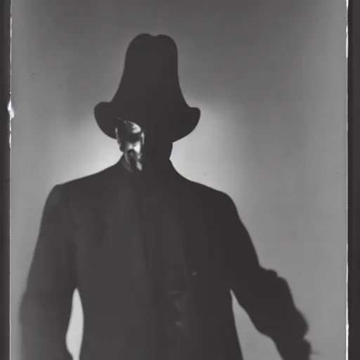 Prompt: a mysterious man in a black suit and black hat is walking towards camera. he has a pistol. strong shadows, high contrast, atmospheric