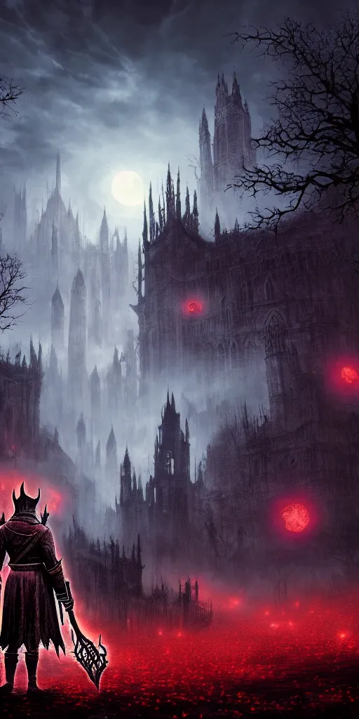 Image similar to populated bloodborne old valley with a dark person at the centre and a ruined gothic city in the background, trees and stars in the background, falling red petals, epic red - orange moonlight, perfect lightning, wallpaper illustration by niko delort and kentaro miura, 4 k, ultra realistic