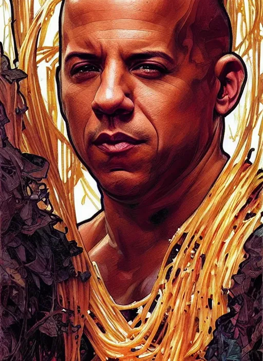 Image similar to vin diesel covered in spaghetti, painting by artgerm and greg rutkowski and alphonse mucha