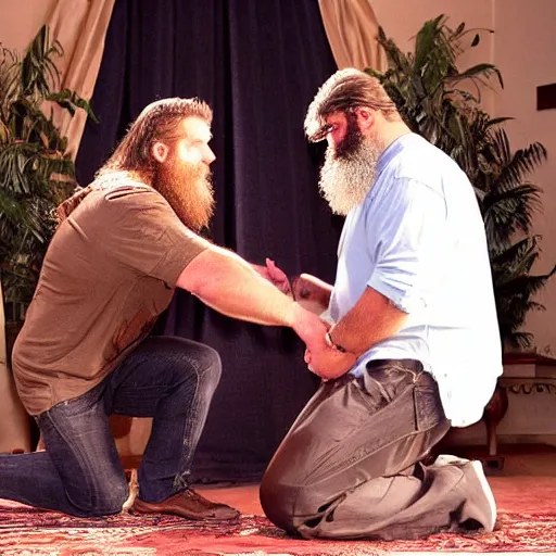 Prompt: a realistic photo of a large bearded man kneeling, being knighted by a king