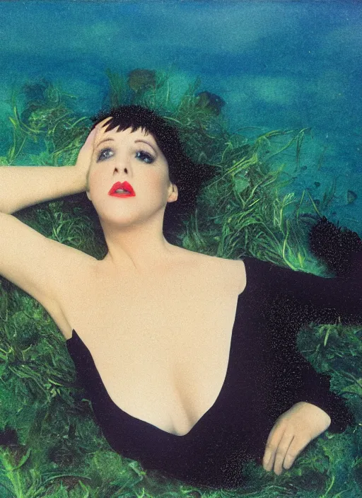 Image similar to liza minelli laying under the sea on the seabed amongst the weeds, underwater shot, submerged, medium shot, on the bed of the river preraphaelite colour photography by rosetti, 8 k