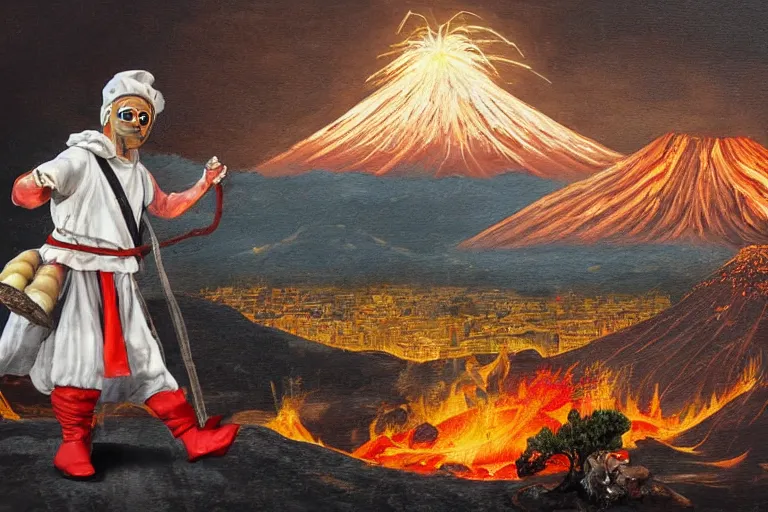 Image similar to a highly detailed pulcinella!!! from naples with pizza!! in the foreground, volcano in the background with smoke, blazing fire and glowing lava, full body, wide angle, an ultrafine detailed painting by rivorio mok, post - apocalyptic vibe, trending on deviantart, whimsical, lowbrow, coherent, sharp focus, octane, masterpiece