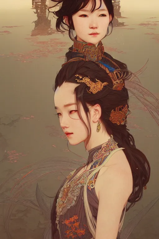 Image similar to portrait genshin characters, in ruined Atlantis Sunrise, ssci-fi and fantasy, intricate and very beautiful and elegant, highly detailed, digital painting, artstation, concept art, smooth and sharp focus, illustration, art by tian zi and WLOP and alphonse mucha