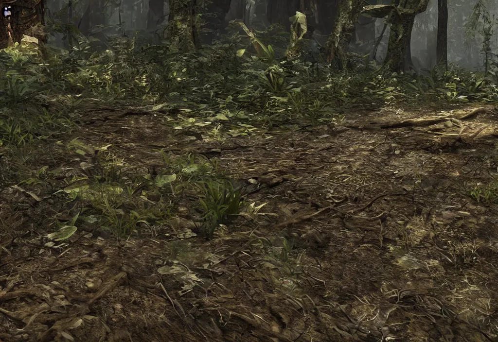 Image similar to decaying skeleton protruding barely from the dirt in a dense forrest, realism, close up, unreal engine 5.