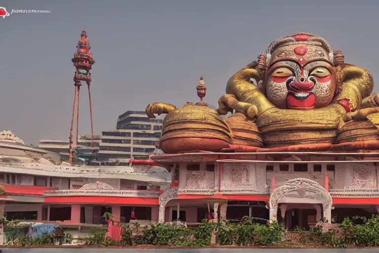 Image similar to high quality dreamscape! biomorphic new delhi, hanuman!! head building, kalighat, octane highly detailed cinematic, stephen shore & john j. park, soft morning light, wide shot, high angle, uhd 8 k, deep focus