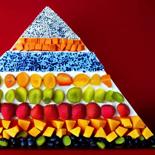 Image similar to beautiful photo of the pyramids made of fruit pieces on a white plate, dslr