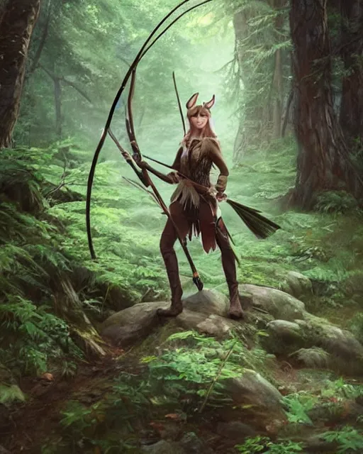 Prompt: an elven hunter standing in the woods holding a bow, wearing a tribe hunting outfit. green, luscious, overgrown forest. By Makoto Shinkai, Stanley Artgerm Lau, WLOP, Rossdraws, James Jean, Andrei Riabovitchev, Marc Simonetti, krenz cushart, Sakimichan, D&D trending on ArtStation, digital art.