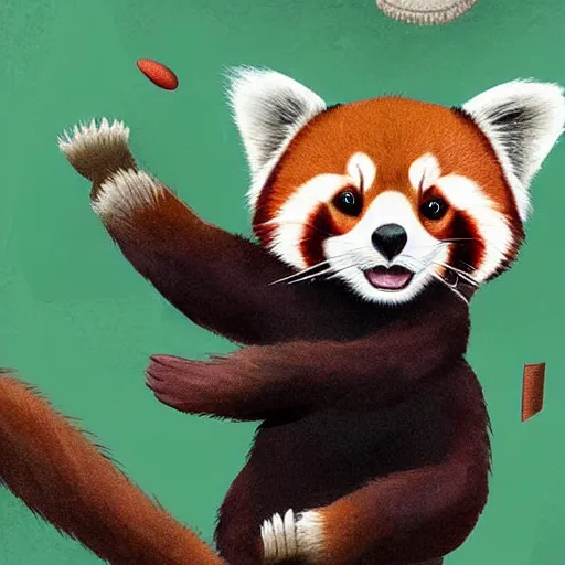 Prompt: digital art of adventurous red panda wearing a baseball cap climbing a mountain