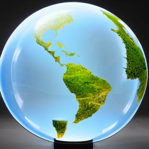 Prompt: a transparent glass sculpture in the shape of the earth, volumetric lighting, f 8 aperture