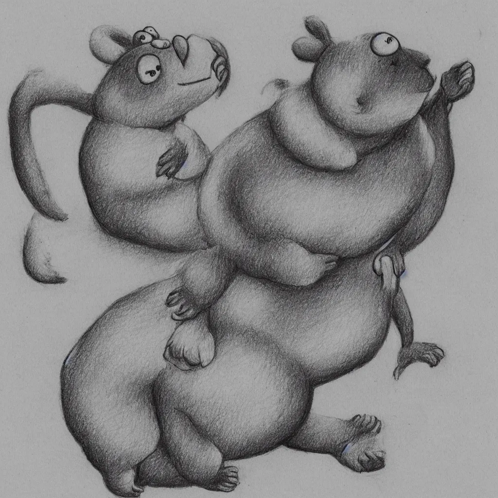 Prompt: drawing from 1 9 2 0's disney animation, white paper, black & white monkey polar bear, fat rabbit frog