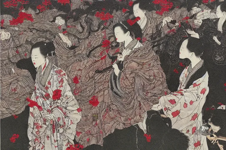 Prompt: zhongyuan festival, chinese ghost festival, the war of the dead, the evil spirits struggling in the tumbling oil pot by takato yamamoto,