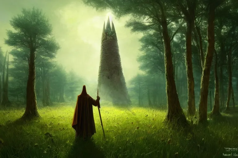 Image similar to a wizard's tower standing alone in a circle of trees, meadow, plains, wizard tower, golden runes, golden hieroglyphs, fantasy, artwork by Marc Simonetti, artwork by Ted Nasmith, Ted Nasmith and Marc Simonetti, 8K, D&D concept art, D&D wallpaper