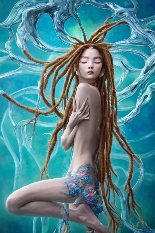 Prompt: a centered full body render of a dancing festival hippy with long flowing dreadlocks surrounded by a underwater ink pour and flowing liquid gallium and sacred geometry, perfect body and face, gorgeous, cinematic, beautifully lit, by miho hirano, by karol bak, by donato giancola, 3 d, trending on artstation, octane render, 8 k