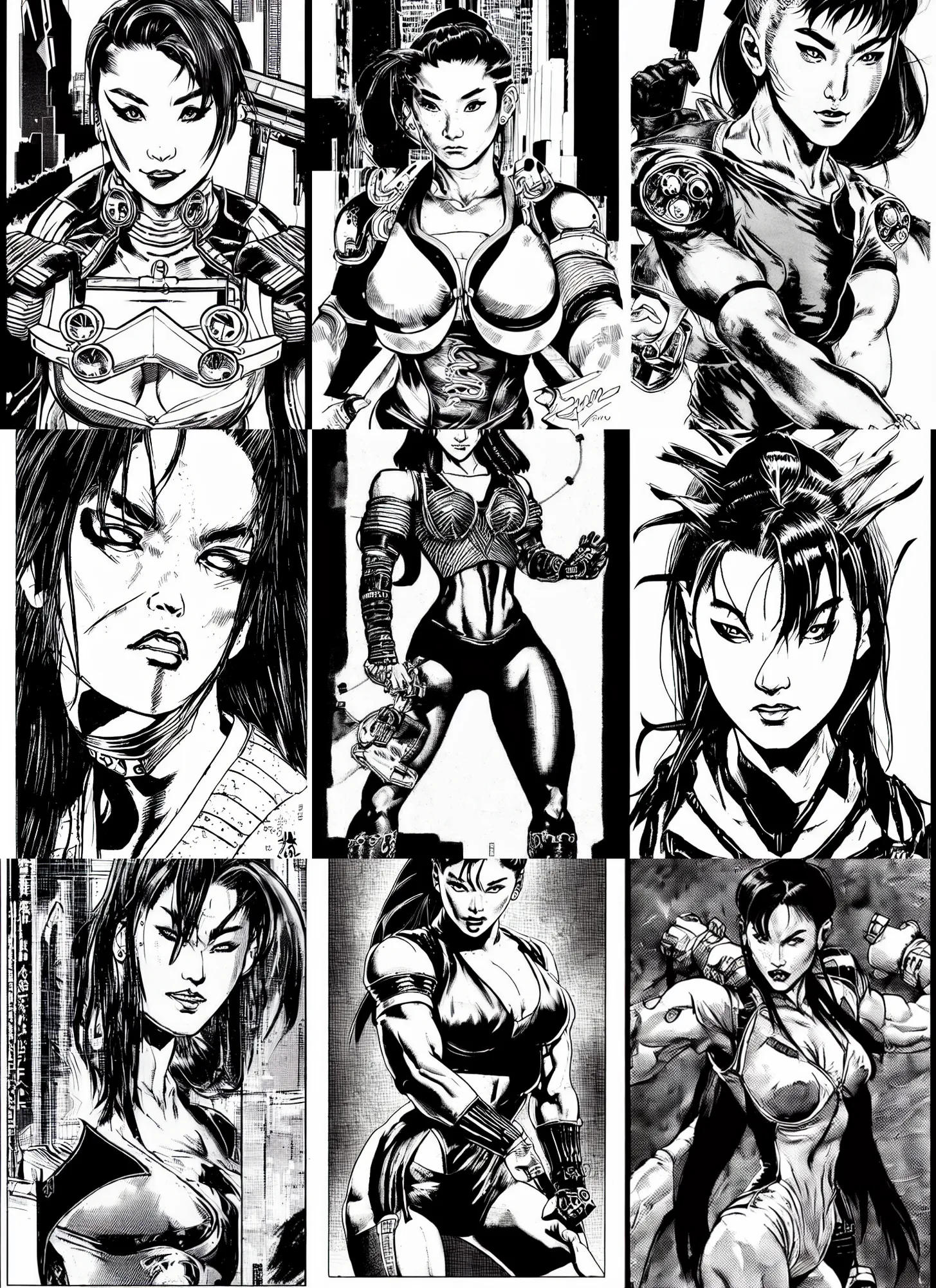 Prompt: chun - li, portrait, cyberpunk 2 0 2 0 manual, by steampoweredmikej, by tim bradstreet, inktober, ink drawing, black and white, coloring pages, manga, highly detailed