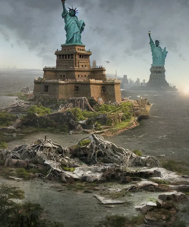 Image similar to highly detailed digital matte painting of an overgrown, abandoned, damaged Lady of Liberty, taken back by nature Full shot. By Raphael LaCoste and Ruan Jia and Robert McCall, postcyberpunk, geodesic dome, hyperdetailed, sunrise, wide shot, autochrome, octane render