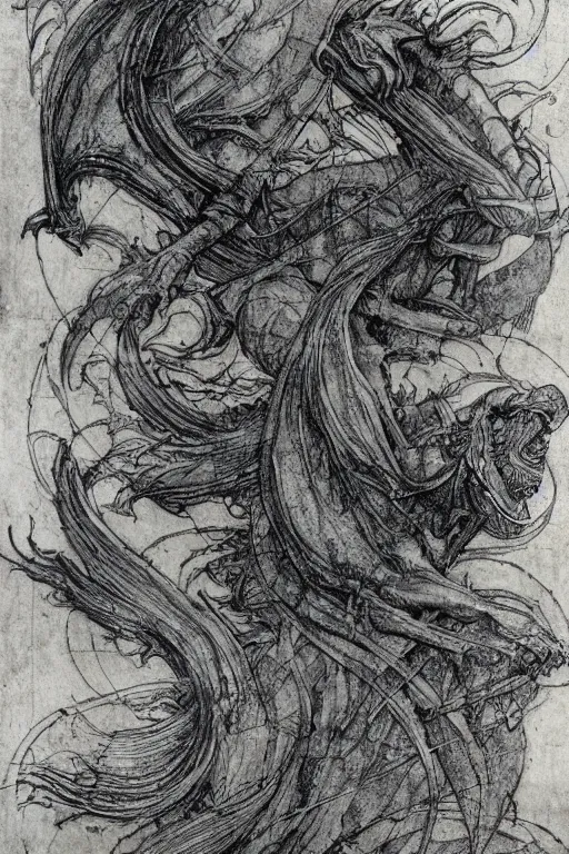 Image similar to leonardo da vinci color intricate full page scan blueprint of concept art dark creature, with tourist decks on grey paper sketch ink style with dark background ultra-detailed technical precision, mixed media with white and silver lines, realistic composition, point of interest at golden ratio, light from right, more darkness on the bottom, monumentally art composition, high quality of sketching with subtle hairlines, highly detailed rounded forms, inside out and outside in, octane render