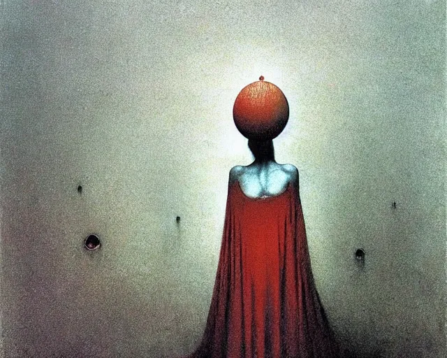 Image similar to by francis bacon, beksinski, mystical redscale photography evocative. devotion to the scarlet woman, priestess in a conical hat, vision quest, insight