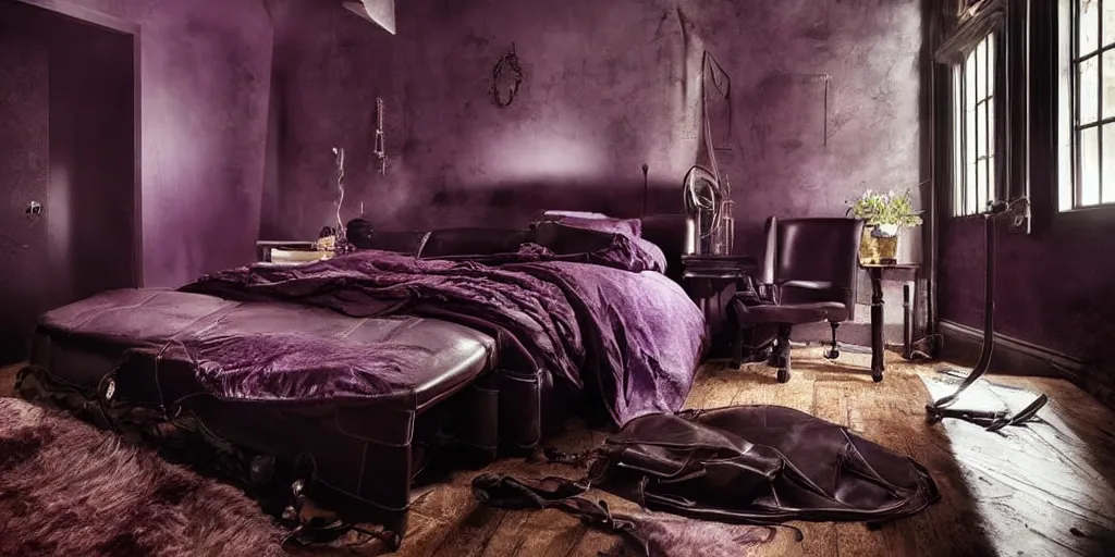 Prompt: night time, moody dark, dark purple leather dungeon bedroom