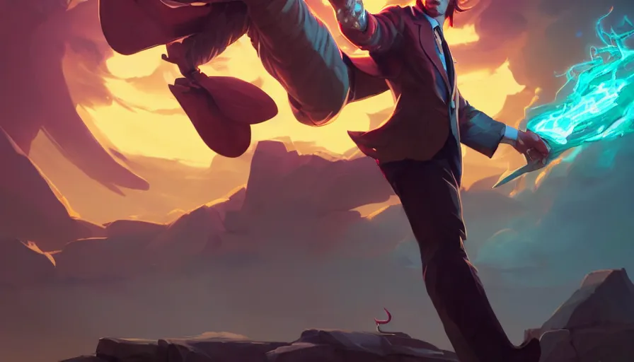 Image similar to full body portrait of saul goodman, solo, league of legends champion splash art, legal office, in - frame, photorealistic facial features, right side composition, art by pete mohrbacher and guweiz and ilya kuvshinov, highly detailed, intricate, sharp focus, unreal engine 5, 4 k uhd