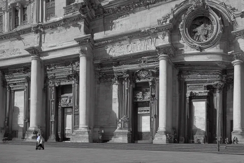 Prompt: a black and white photograph of an enormous building, official courthouse, statues looking down on the gigantic door, Arabic architecture, long shot,