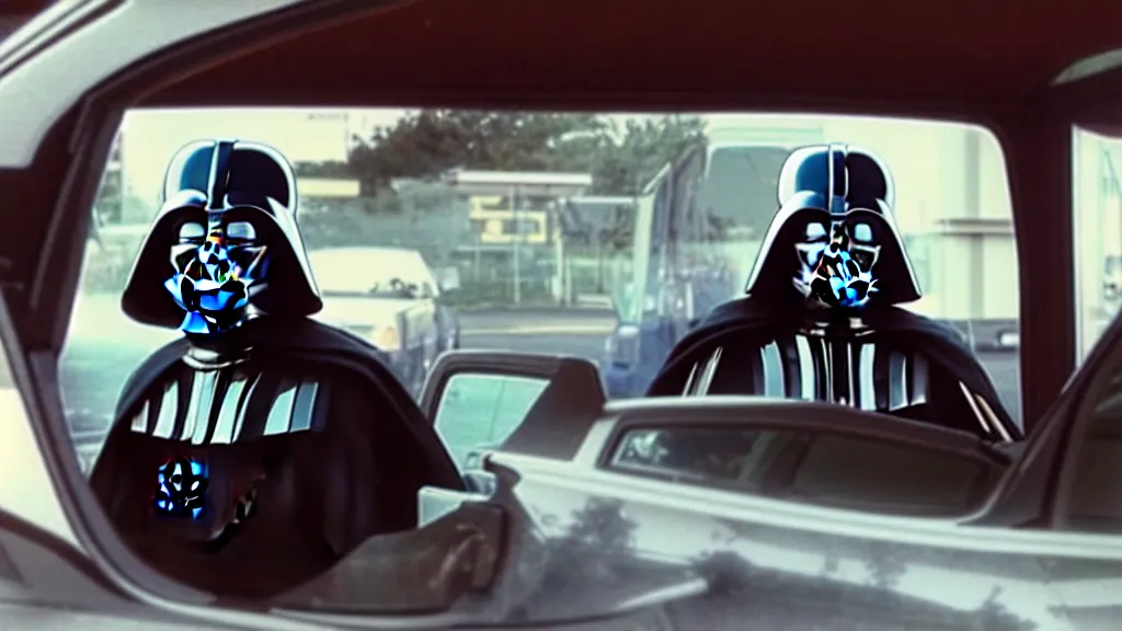 Prompt: Darth Vader at Mcdonalds Drive through, film still from the movie directed by Denis Villeneuve with art direction by Salvador Dalí, wide lens