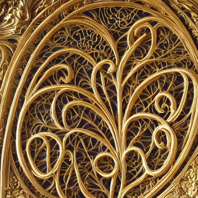 Image similar to a 3 d golden art nouveau carved sculpture of a delicate tracery pattern, intricate and highly detailed, well - lit, ornate, realistic, polished with gold leaf