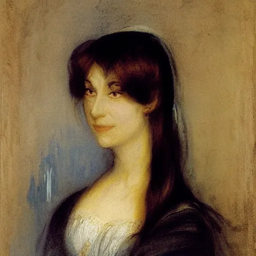 Prompt: morgana from fata morgana, smiling, painted by joseph mallord william turner, portrait