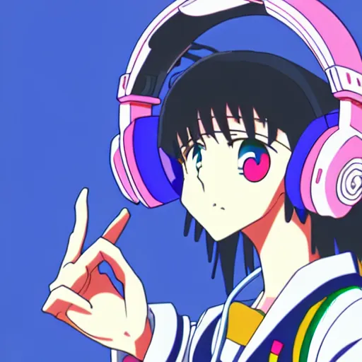 Image similar to An anime character's head wearing retro headphones. 90s anime, Sailor Moon, Neon Genesis, official art, flat cell shading, fantastic screenshot art, trending on artstation, muted nostalgic colors