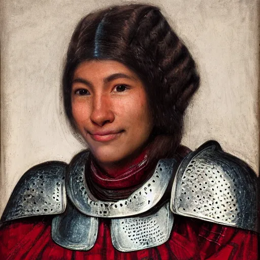 Prompt: head and shoulders portrait of a female knight, quechua!!, lorica segmentata, plaid, cuirass, tonalist, symbolist, realistic, baroque, detailed, modeled lighting, vignetting, indigo and venetian red, angular, smiling, eagle