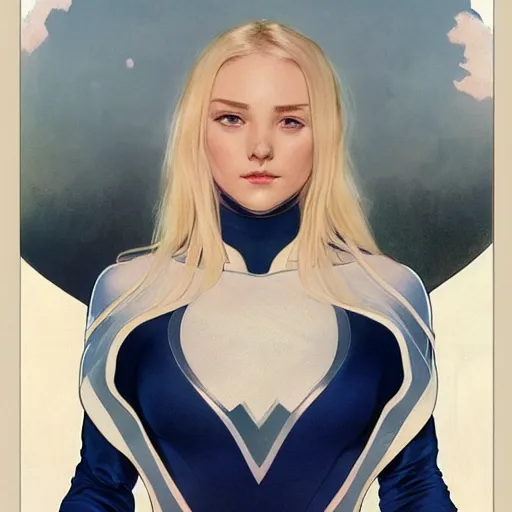 Image similar to a beautiful portrait of a beautiful cute young superhero woman, blonde hair, tight solid matte navy - blue lycra bodysuit, white cape, intricate, elegant, 8 k, highly detailed, digital painting, concept art, smooth, sharp focus, illustration, by artgerm greg rutkowski alphonse mucha loish wlop