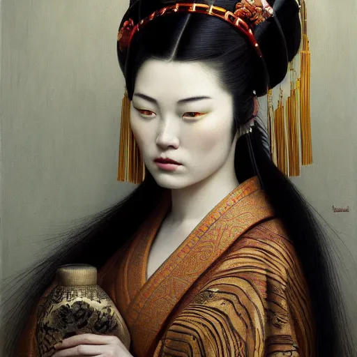 Image similar to highly detailed oil painting | very intricate | cinematic lighting | award - winning | the scandinavian viking geisha in an exquisite tribal kimono | by roberto ferri, by tom bagshaw, by j. c. leyendecker and klimt, beautiful cinematic light, american romanticism, by austin osman spare, artstation, cgsociety, official art, octane