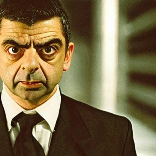 Prompt: film still of Rowan Atkinson in Matrix